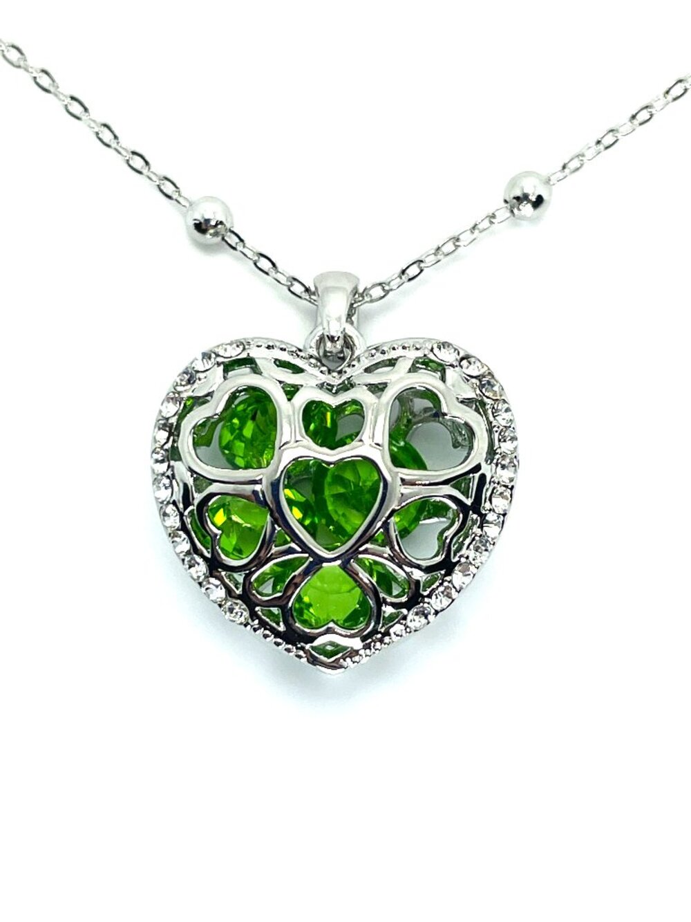 Heart Filigree Pendant Necklace with Green Emerald Austrian Crystals, 31"